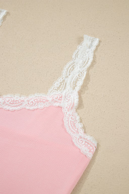 Pink Ribbed Knit Lace Straps Patchwork Lettuce Hem Cropped Top Floral Short Lounge Set