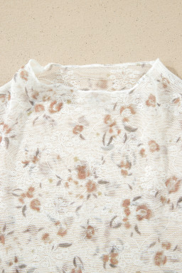 White Mock Neck Short Sleeve Floral Mesh Top