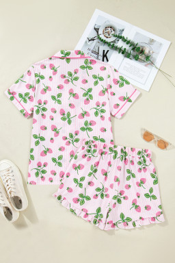 Pink Striped Strawberry Print Lapel Shirt Drawstring Shorts 2pcs Pajama Set