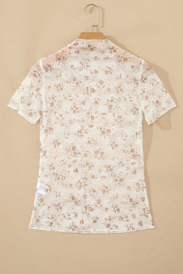 White Mock Neck Short Sleeve Floral Mesh Top