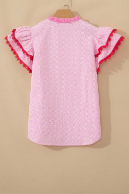 Pink Eyelet Embroidered Flower Texture Contrast Lace Trim Flutter Sleeve Blouse