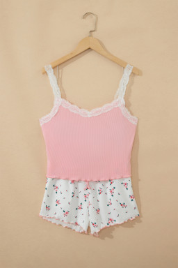 Pink Ribbed Knit Lace Straps Patchwork Lettuce Hem Cropped Top Floral Short Lounge Set