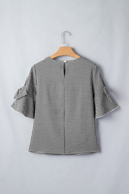 Black Plaid Bow Ruffled Half Sleeve Round Neck Blouse