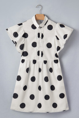 White Polka Dot Print Half Button Ruffled Short Sleeve Loose Mini Dress