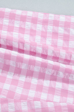 Pink Gingham Print Ruffle Striped Detail Lace Tie Shorts