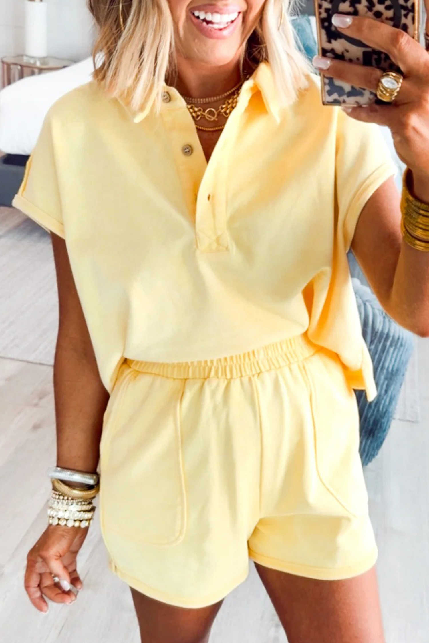 Yellow Cream Loose Polo Tee Elastic Waist 2pcs Short Set