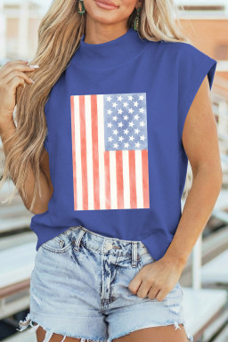 Sky Blue Retro American Flag Printed Mock Neck Tee