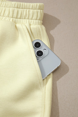 Yellow Cream Solid Color Exposed Seam Mock Neck Oversize Tee Casual Shorts 2pcs Outfit