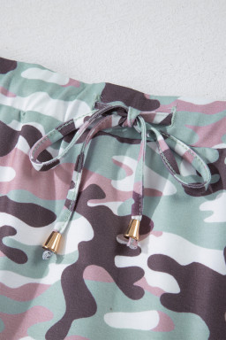 Green Camouflage Print Drawstring Casual Mini Skort