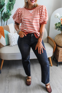 Orange Stripe Short Bubble Sleeve T Shirt