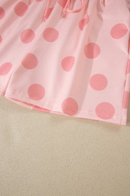 Pink Polka Dot Print Loose Tee Drawstring Elastic Waist Short Set