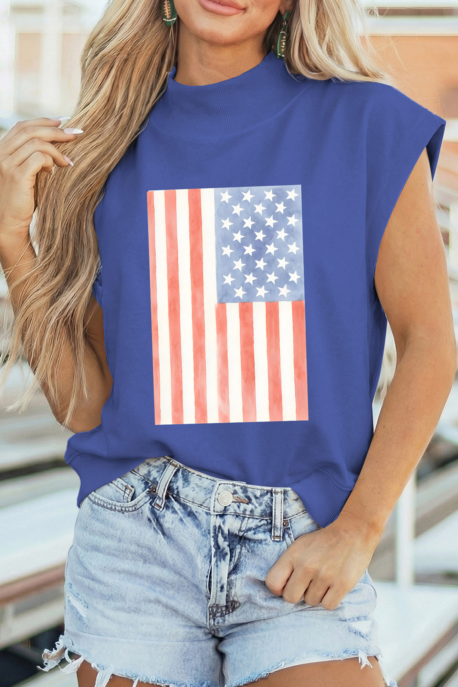 Sky Blue Retro American Flag Printed Mock Neck Tee