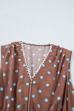 Brown Polka Dot Print Contrast Trim V Neck Zip Up Sleeveless Dress