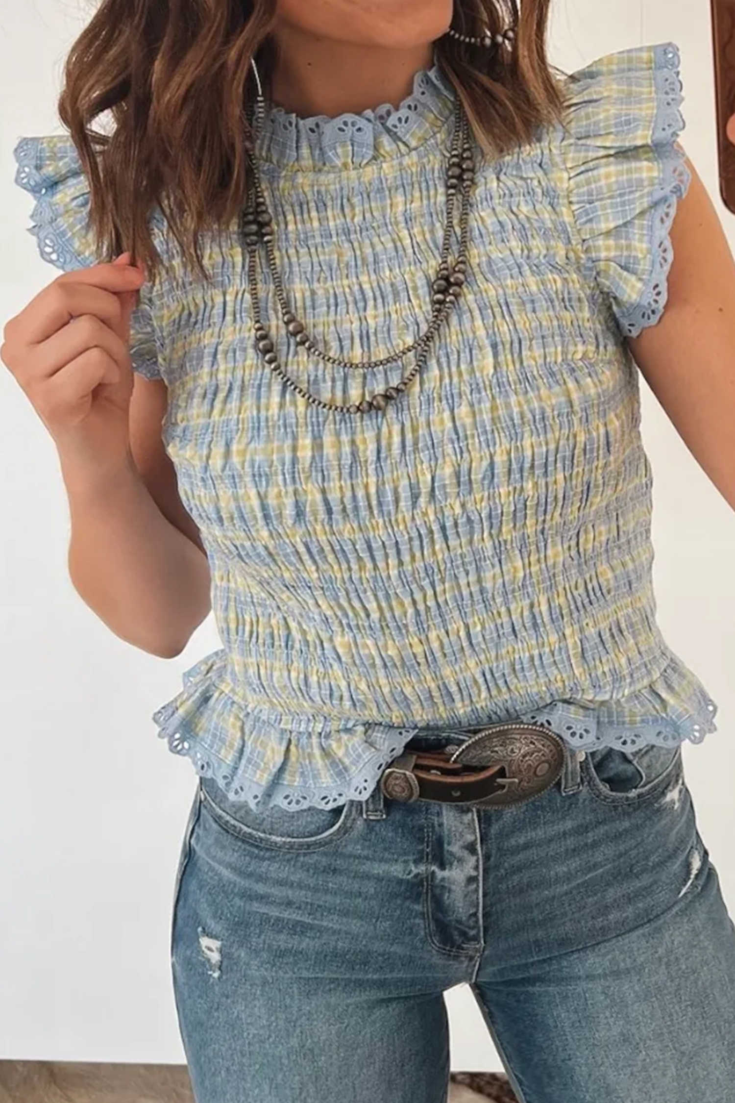 Multicolour Gingham Smoked Lace Trim Tank Top