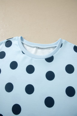 Sky Blue Polka Dot Print Loose Tee Drawstring Elastic Waist Short Set