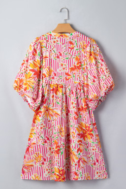 Pink Striped Floral Print Tie Neck Puff Sleeve Loose Mini Dress