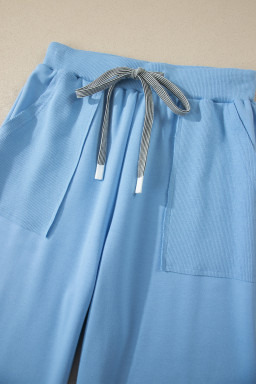 Beau Blue Solid Color V Neck Tee Drawstring Pant Set
