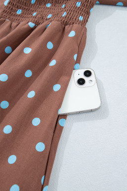 Brown Polka Dot Print Contrast Trim V Neck Zip Up Sleeveless Dress