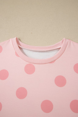 Pink Polka Dot Print Loose Tee Drawstring Elastic Waist Short Set
