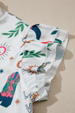 White Western Print Flutter Sleeve Button Down Mini Dress