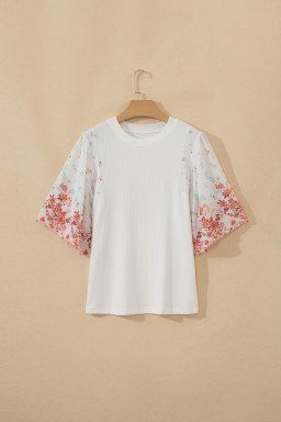 White Ribbed Texture Floral Print Half Sleeve Patchwork Top