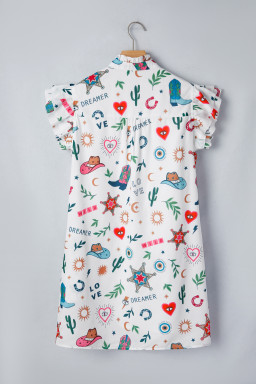 White Western Print Flutter Sleeve Button Down Mini Dress