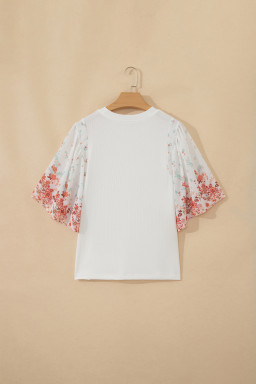 White Ribbed Texture Floral Print Half Sleeve Patchwork Top