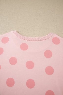 Pink Polka Dot Print Loose Tee Drawstring Elastic Waist Short Set