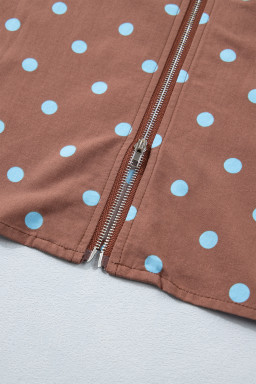 Brown Polka Dot Print Contrast Trim V Neck Zip Up Sleeveless Dress