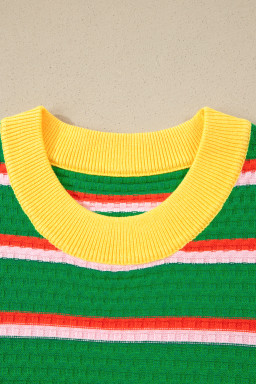 Green Stripe Colorblock Trim Half Sleeve Sweater Top