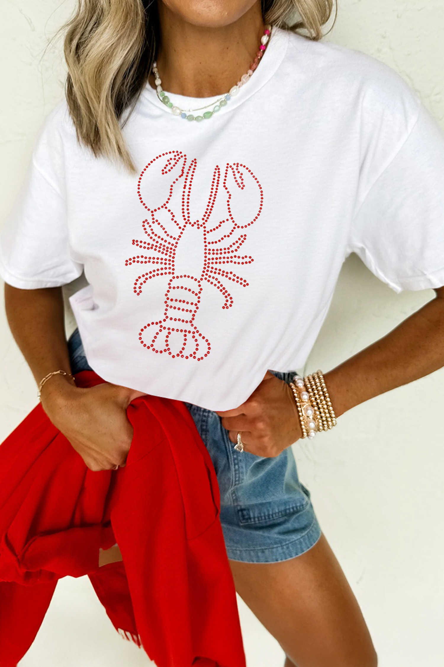 White Rhinestone Lobster Casual Summer Tee
