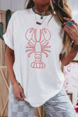 White Rhinestone Lobster Casual Summer Tee
