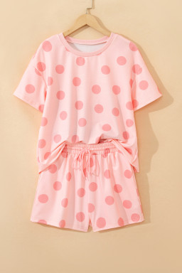 Pink Polka Dot Print Loose Tee Drawstring Elastic Waist Short Set