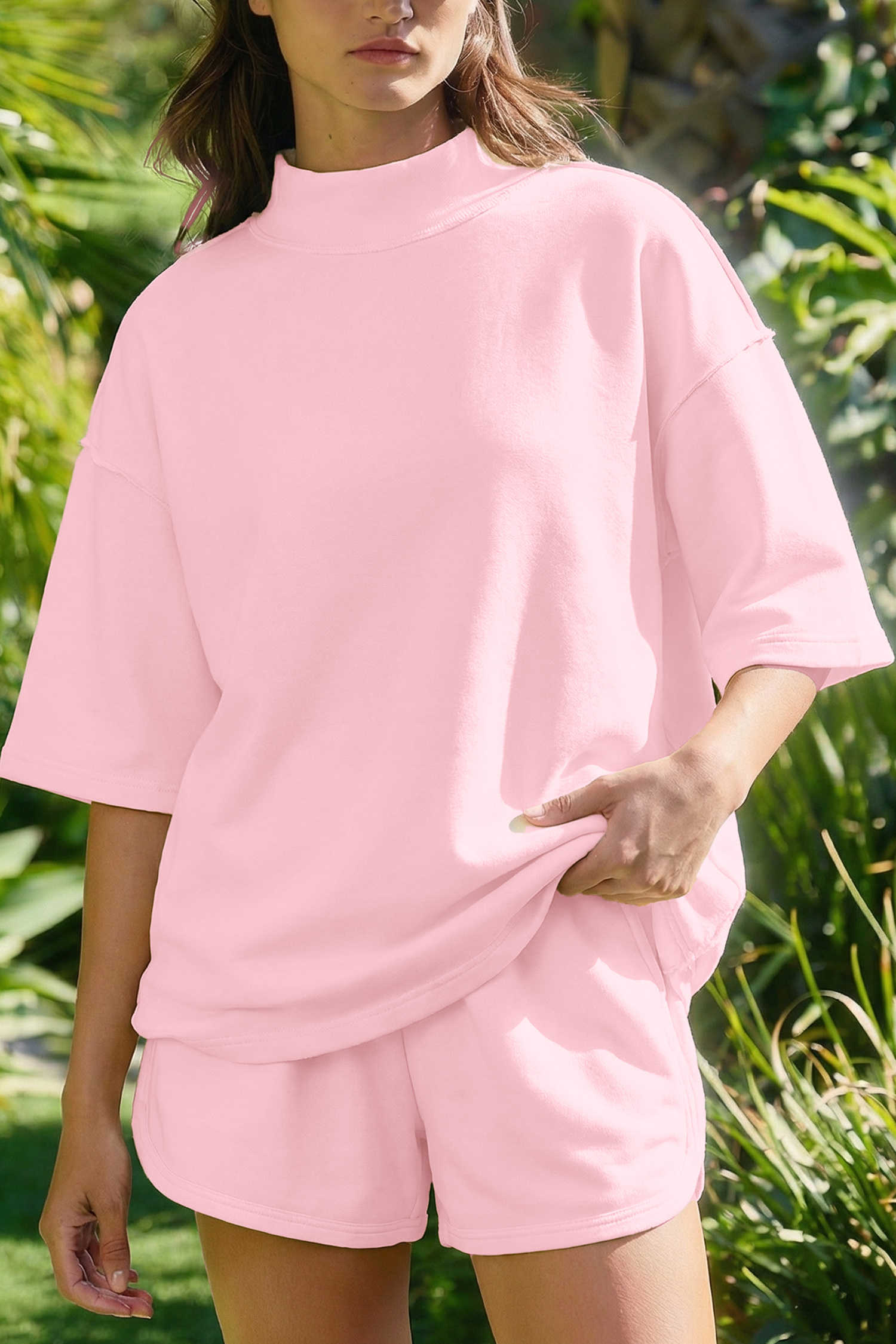 Light Pink Solid Color Exposed Seam Mock Neck Oversize Tee Casual Shorts 2pcs Outfit