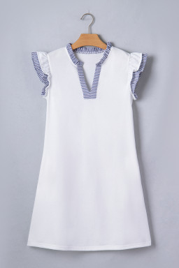 White Contrasted Striped Patchwork Split Neck Ruffle Trim Sleeveless Dress