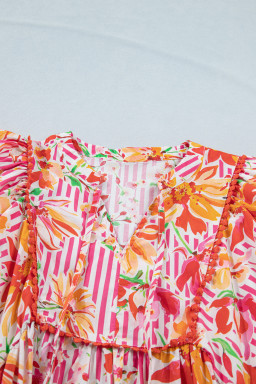 Pink Striped Floral Print Tie Neck Puff Sleeve Loose Mini Dress