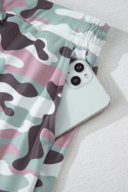 Green Camouflage Print Drawstring Casual Mini Skort