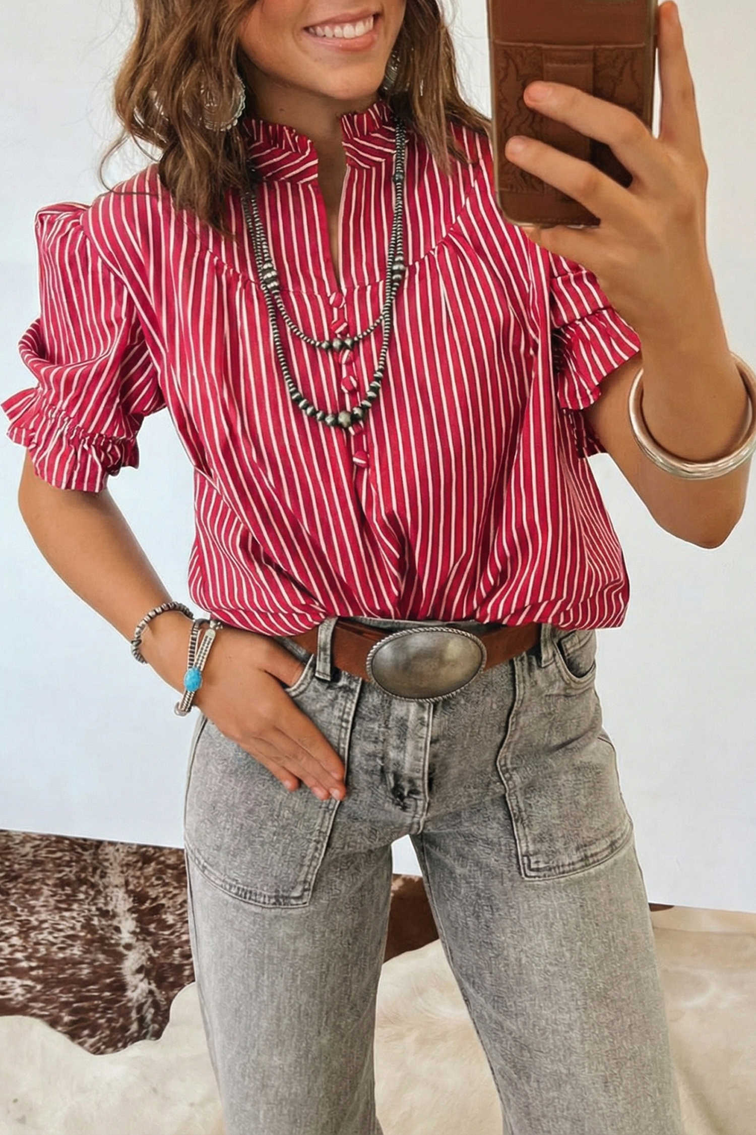 Red Stripe Ruffled Short Puff Sleeve Button Front Blouse