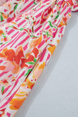 Pink Striped Floral Print Tie Neck Puff Sleeve Loose Mini Dress