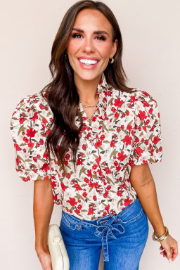 Red Floral Print Short Puff Sleeve Button Front Shirt
