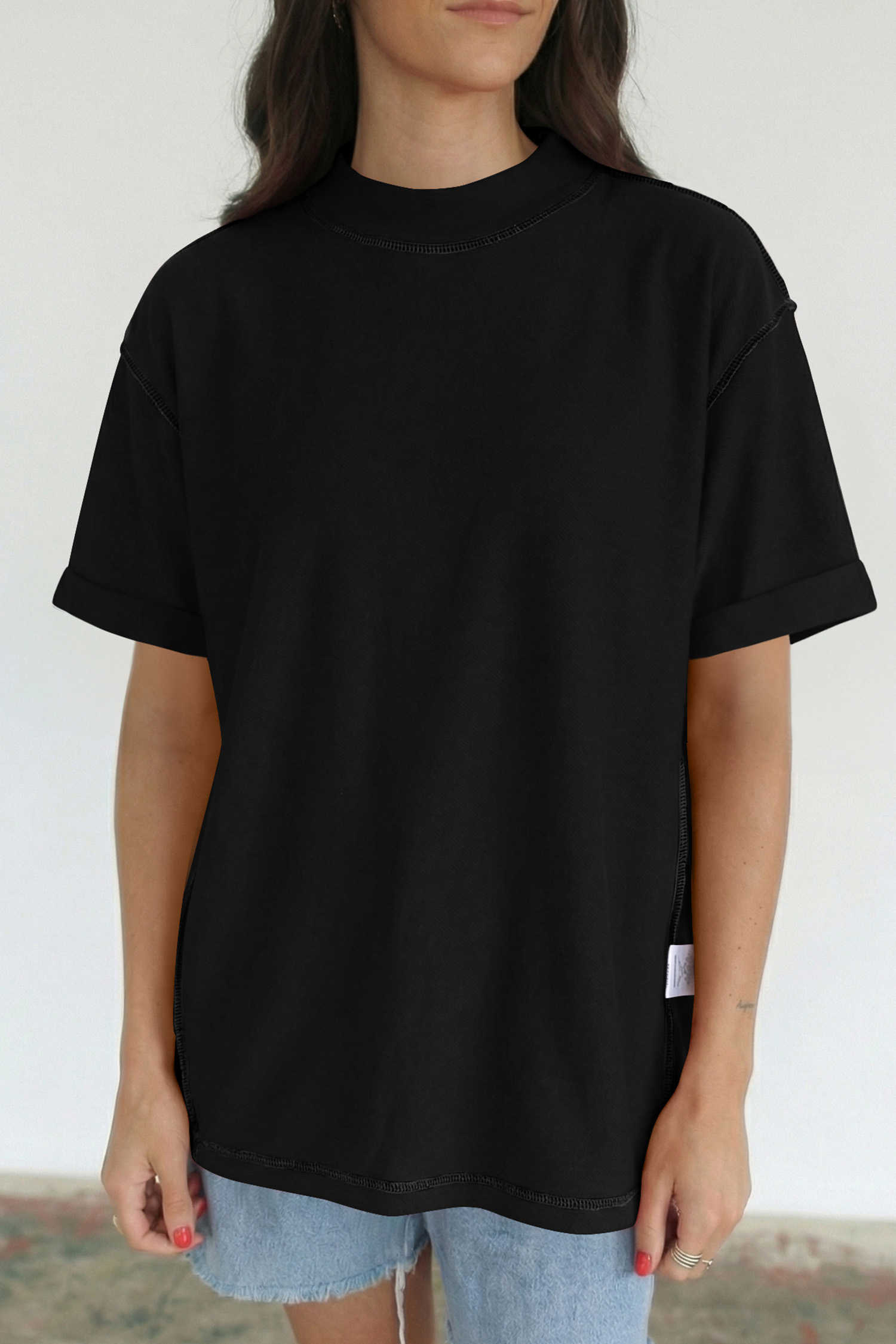 Black Solid Color High Neck Oversize Tee