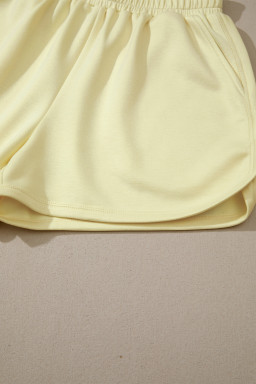 Yellow Cream Solid Color Exposed Seam Mock Neck Oversize Tee Casual Shorts 2pcs Outfit