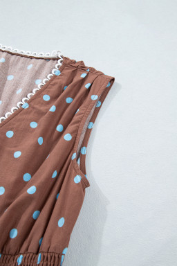Brown Polka Dot Print Contrast Trim V Neck Zip Up Sleeveless Dress