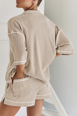 Light Beige-10 Breathable Waffle Color Block Trim 2pcs Casual Short Set