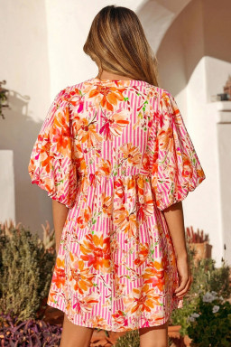 Pink Striped Floral Print Tie Neck Puff Sleeve Loose Mini Dress