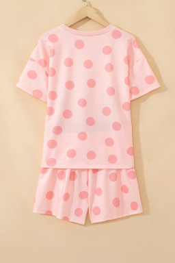 Pink Polka Dot Print Loose Tee Drawstring Elastic Waist Short Set