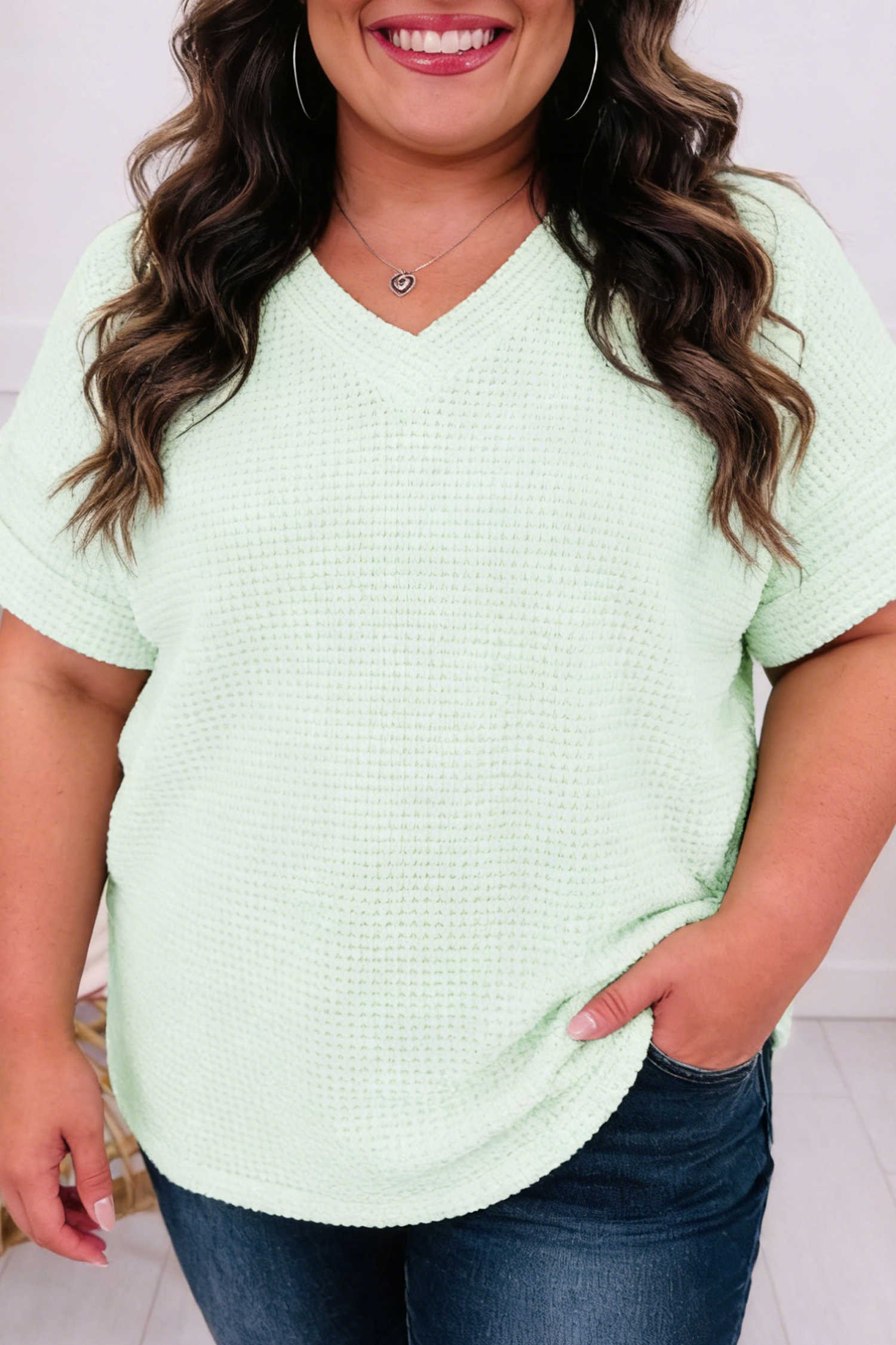 Clearly Aqua V Neck Short Sleeve Plus Size Waffle Knit Top
