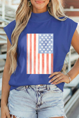 Sky Blue Retro American Flag Printed Mock Neck Tee