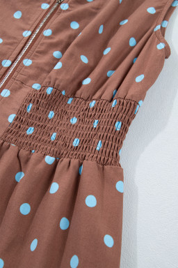 Brown Polka Dot Print Contrast Trim V Neck Zip Up Sleeveless Dress