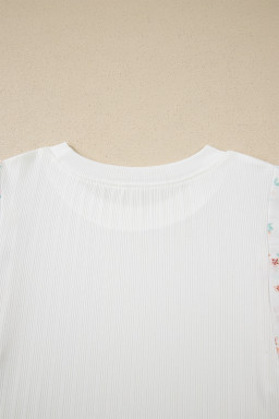 White Ribbed Texture Floral Print Half Sleeve Patchwork Top